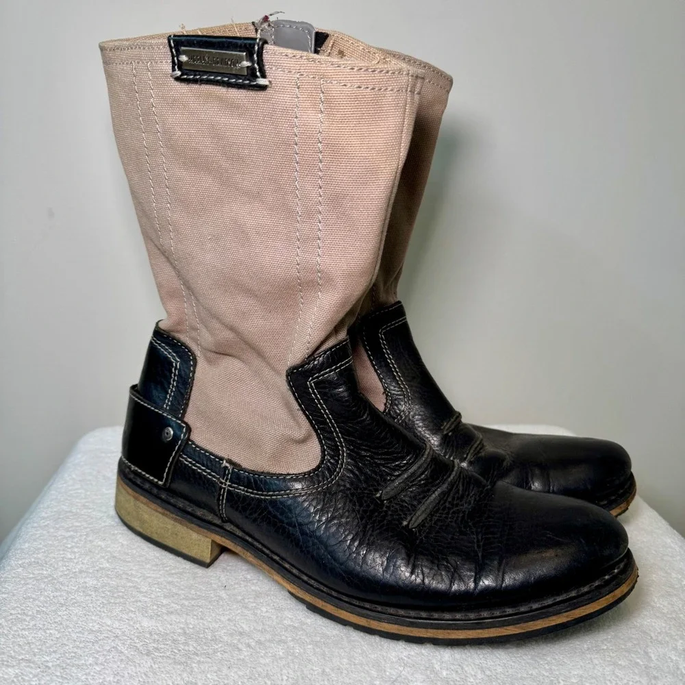 Harley Davidson Mens Black Leather Canvas Motorcycle Boots Size 11.5‎